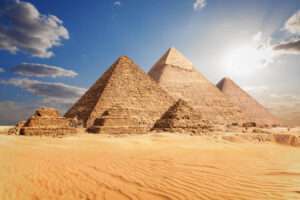 The Pyramids of Giza in the clouds, Cairo, Egypt.